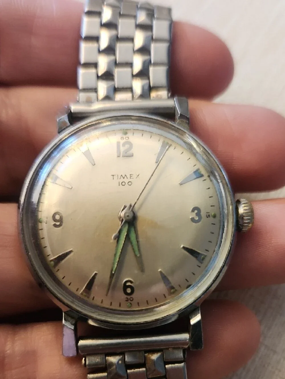 Vintage Timex Men's Silver‎ Watch with Luminous Green Hands